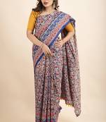 Blue Red Pure Cotton Floral Kalamkari Yellow Pompom Saree