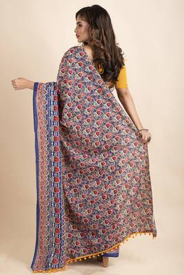 Blue Red Pure Cotton Floral Kalamkari Yellow Pompom Saree 2