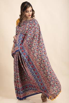 Blue Red Pure Cotton Floral Kalamkari Yellow Pompom Saree 3