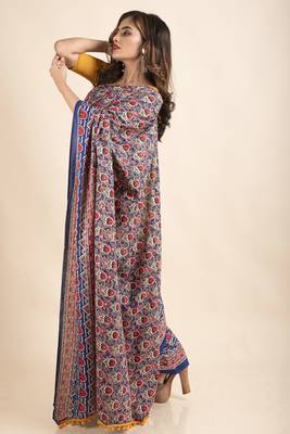 Blue Red Pure Cotton Floral Kalamkari Yellow Pompom Saree 4
