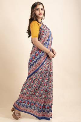 Blue Red Pure Cotton Floral Kalamkari Yellow Pompom Saree 5
