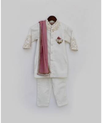 White Embroidered Cotton Silk Sherwani 1