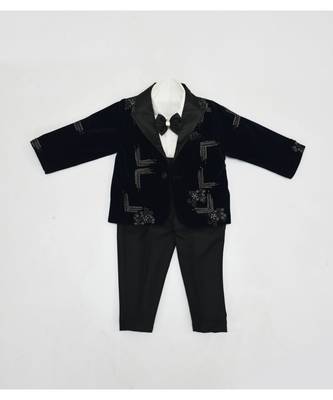 Dark Blue Velvet Coat Set For Boys 1