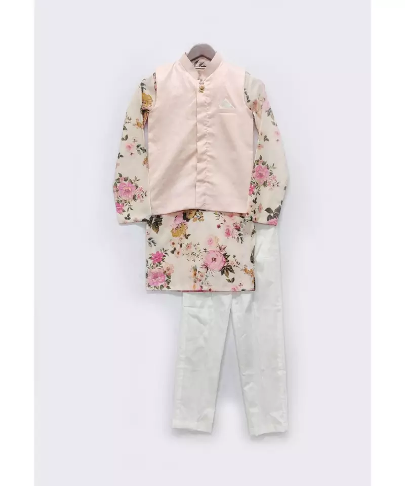 Floral Print Kurta with Peach Jacket and Pants