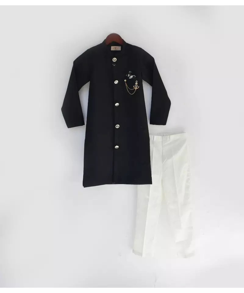Black Ajkan with Off white Silk Pant