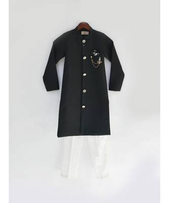 Black Plain Cotton Silk Kurta Set 2