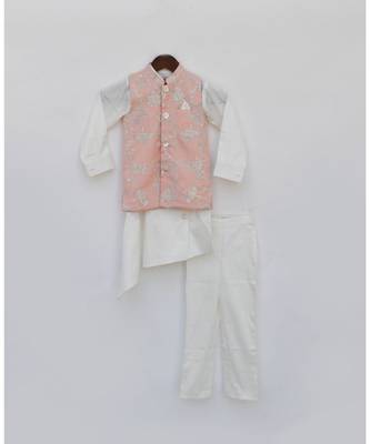 Off White Kurta Pant With Peach Embroidered Jacket 1