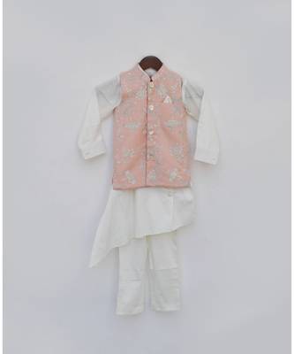 Off White Kurta Pant With Peach Embroidered Jacket 2