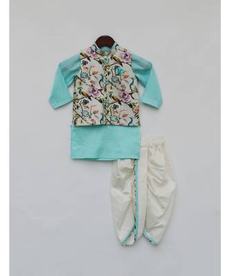 Peacock Printed Kurti With Blue Sharara And Dupatta 1