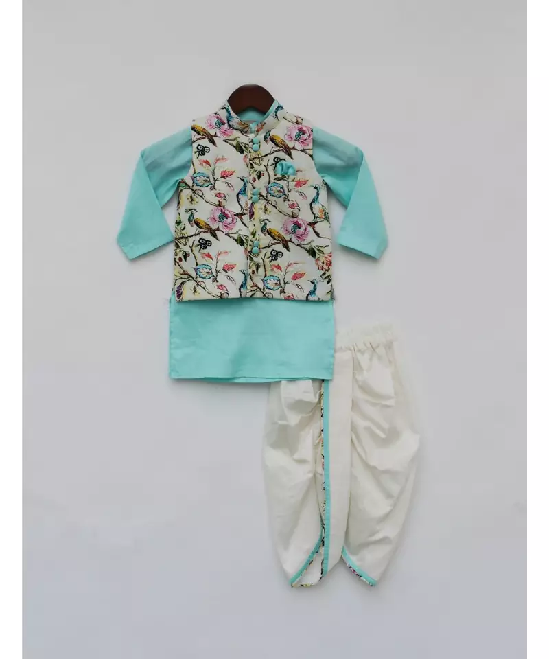 Off White Print Jacket with Blue Kurta and Dhoti