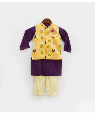 Yellow Brocade Jacket With Kurta Set For Boys 1