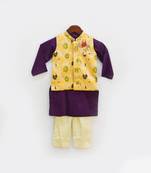 Yellow Brocade Jacket With Kurta Set For Boys