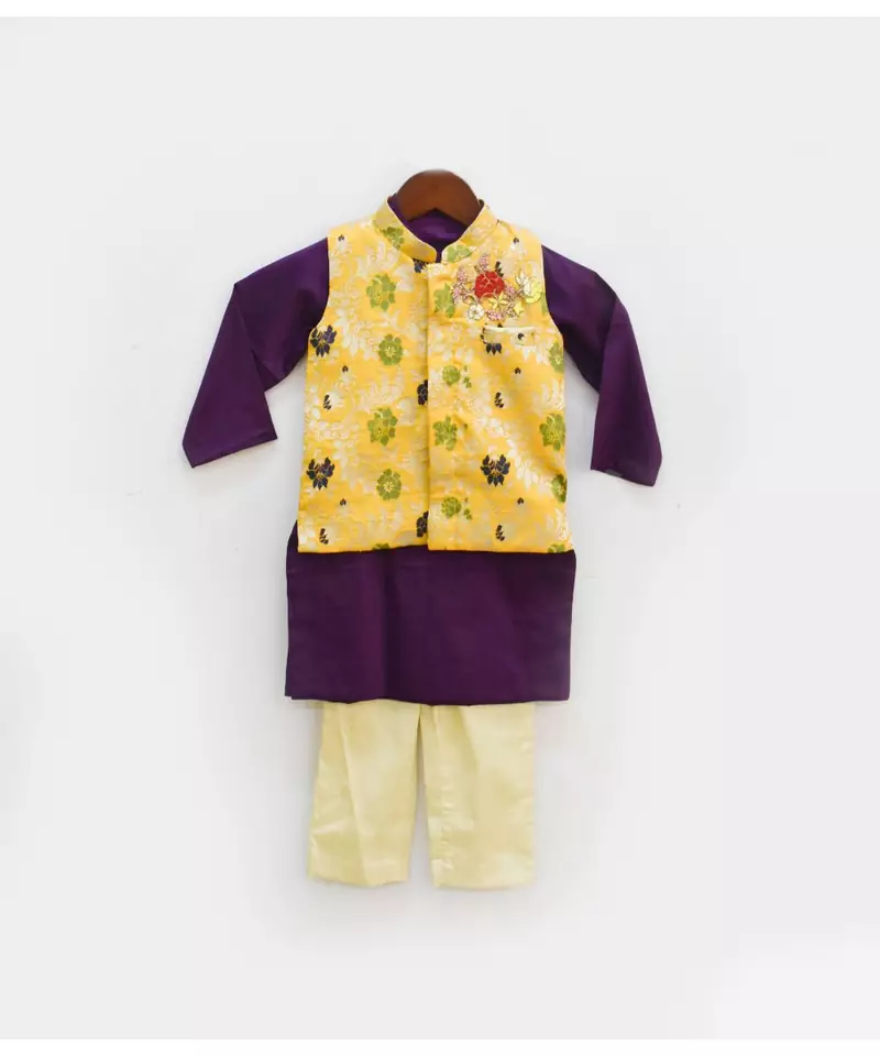 Yellow Brocade Jacket with Purple Kurta and Chudidar