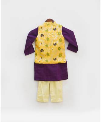 Yellow Brocade Jacket With Kurta Set For Boys 2