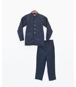 Blue Embroidery Velvet Jacket With Yellow Kurta Set