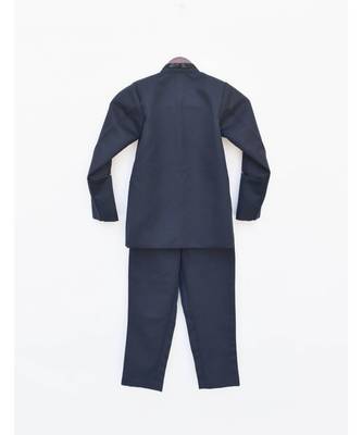 Blue Embroidery Velvet Jacket With Yellow Kurta Set 3