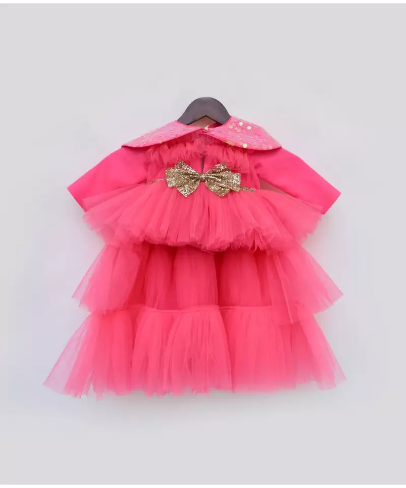 Hot Pink High Low gown with Sequined Cape