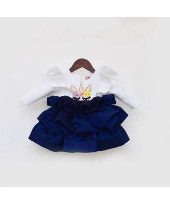 Off White Neoprene Dark Blue Silk Frock For Girls 1