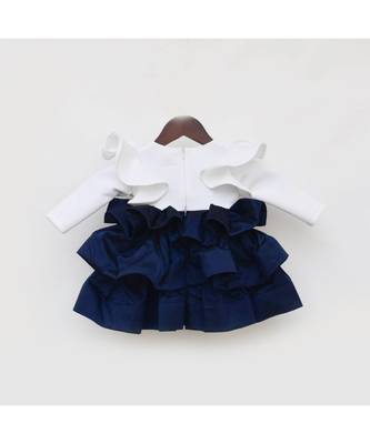 Off White Neoprene Dark Blue Silk Frock For Girls 2