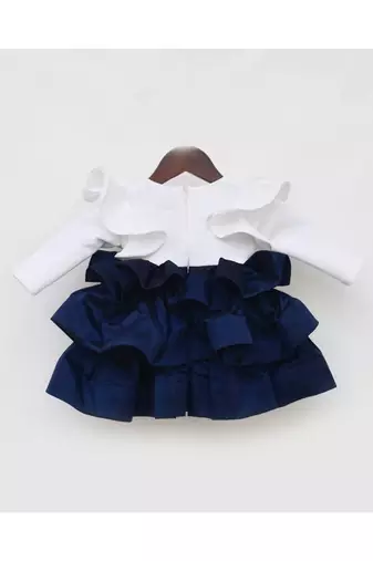 Off White Neoprene Dark Blue Silk Frock For Girls