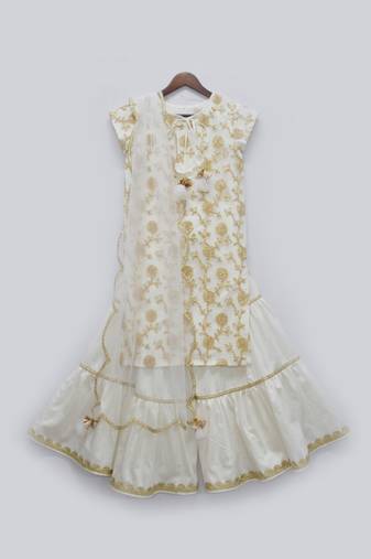 Off White Embroidered Kurti Sharara Set