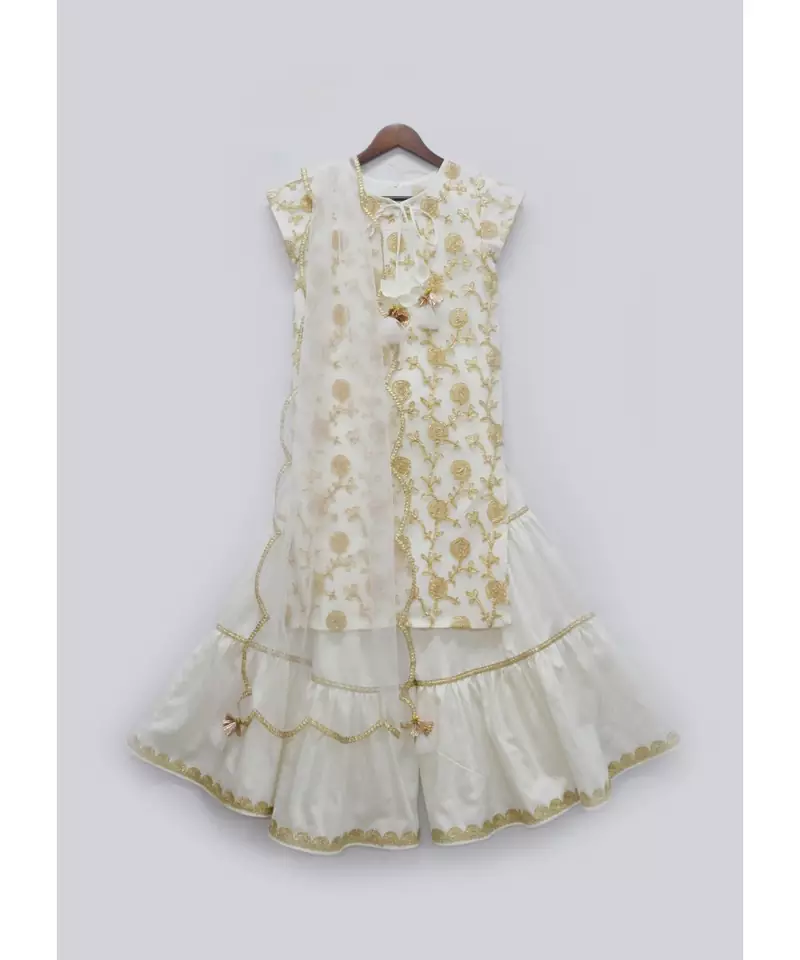 Off White Embroidered Kurti Sharara Set