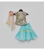 Peacock Printed Kurti with Blue Sharara and Dupatta