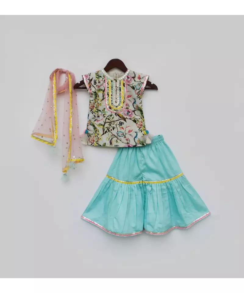 Peacock Printed Kurti with Blue Sharara and Dupatta