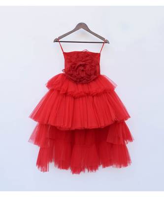 Red Net High Low Dress For Girls 1