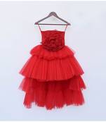 Red Net High Low Dress For Girls