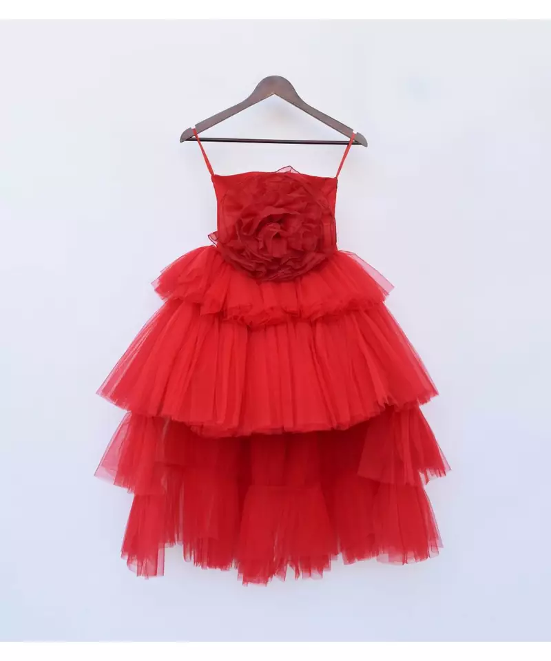 Red Net High Low Gown