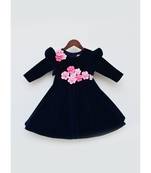 Dark Blue Velvet Dress With 3D Flowers For Girls