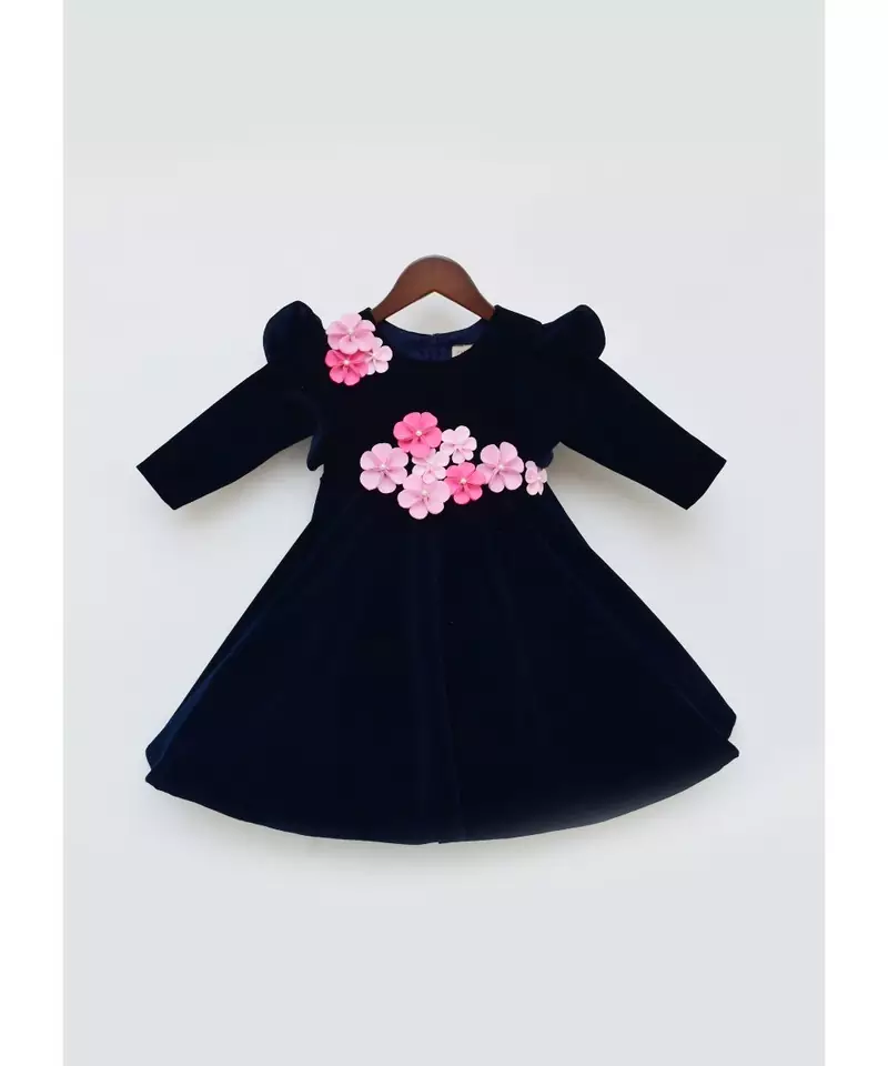Dark Blue Velvet Dress with 3D Flowers