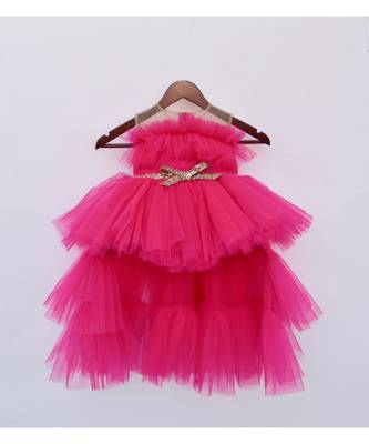 Dark Pink Net High Low Dress For Girls 1