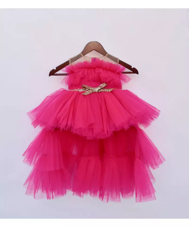 Dark Pink Net High Low Gown