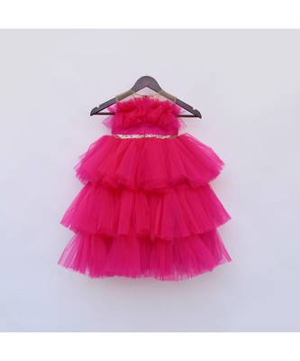 Dark Pink Net High Low Dress For Girls 2