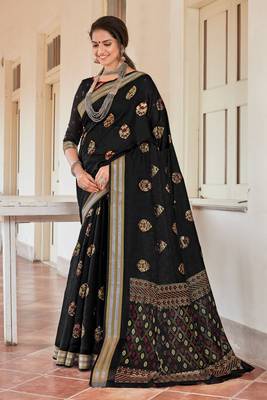 Black Chanderi Foil Print Traditional Saree 1