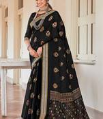 Black Chanderi Foil Print Traditional Saree
