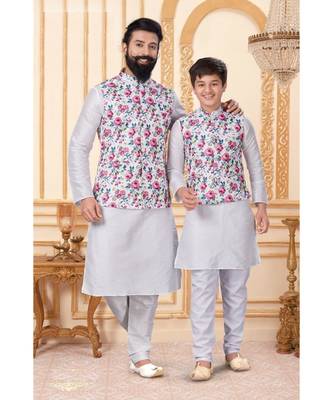 White Kurta Pajama Set with Floral Nehru Jacket - Combo set 1