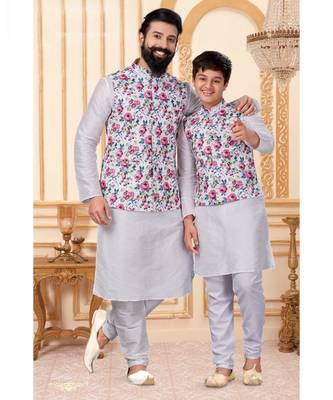 White Kurta Pajama Set with Floral Nehru Jacket - Combo set 2