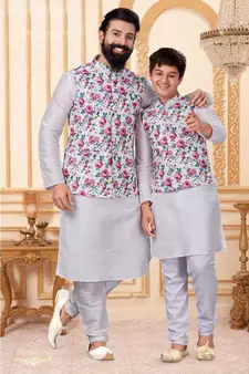 White Kurta Pajama Set with Floral Nehru Jacket - Combo set