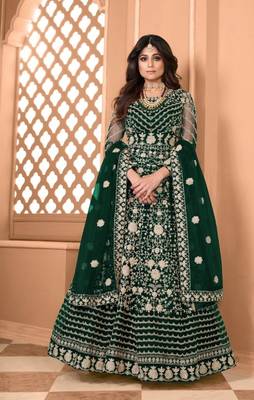 Green Soft Net Gwon Style Suit with Heavy Embroidey and Rich Look 1