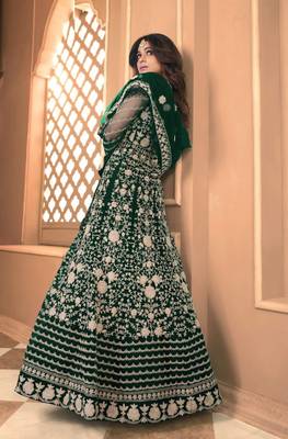 Green Soft Net Gwon Style Suit with Heavy Embroidey and Rich Look 2