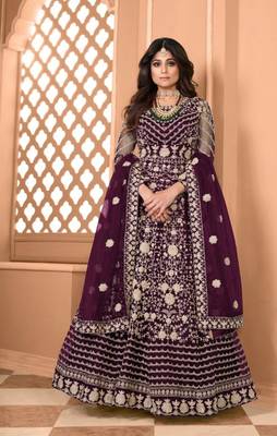 Wine Soft Net Gwon Style Suit with Heavy Embroidey and Rich Look 1