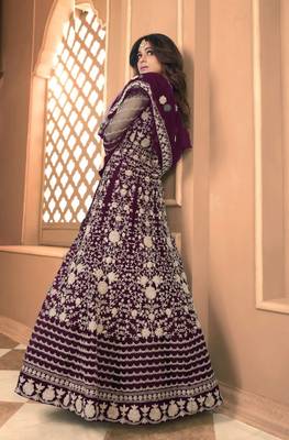 Wine Soft Net Gwon Style Suit with Heavy Embroidey and Rich Look 2