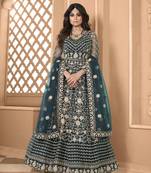 Aqua Blue Soft Net Gwon Style Suit with Heavy Embroidey and Rich Look
