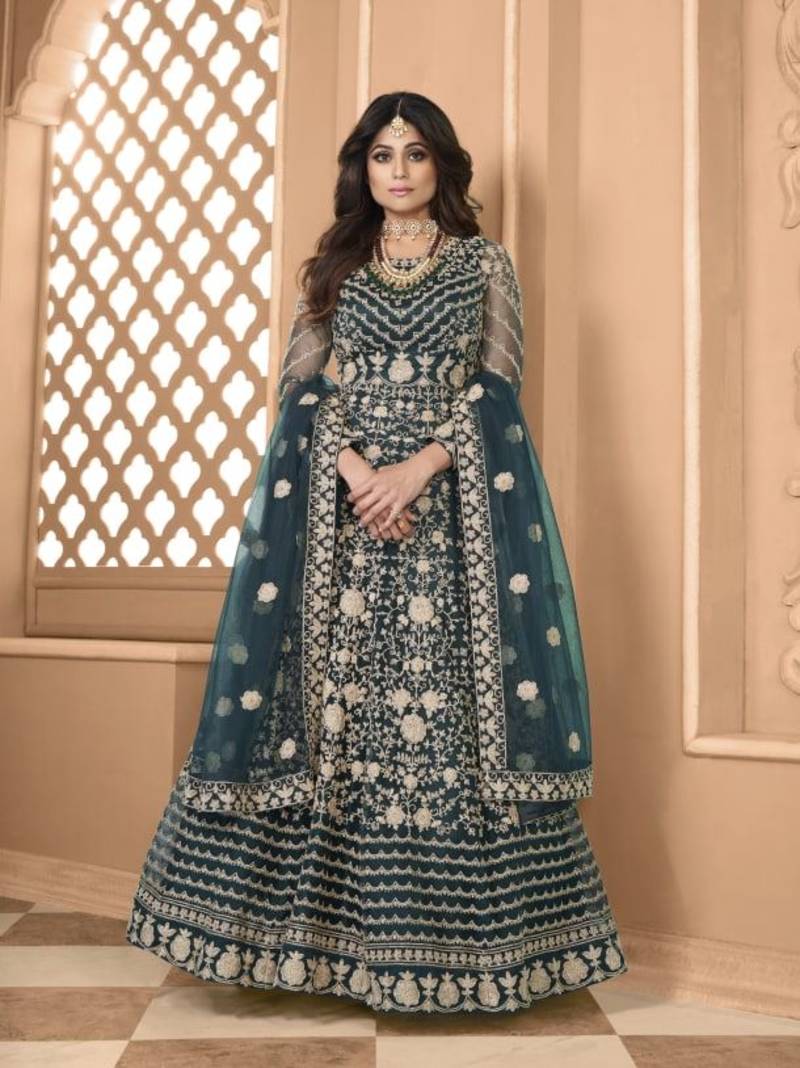 Aqua Blue Soft Net Gwon Style Suit with Heavy Embroidey and Rich Look