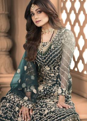 Aqua Blue Soft Net Gwon Style Suit with Heavy Embroidey and Rich Look 2
