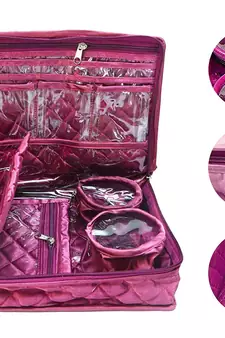 atorakushon   Satin Combo Makeup Pouch Necklace Jewellery Wardrobe Organizer Vanity Travel Kit Bag For Women's (Purple)