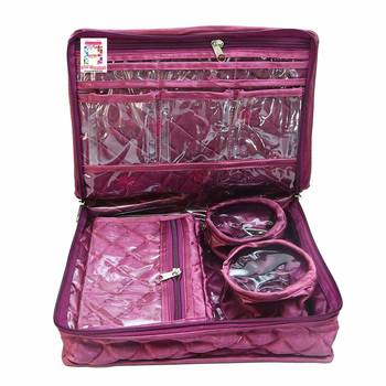 atorakushon   Satin Combo Makeup Pouch Necklace Jewellery Wardrobe Organizer Vanity Travel Kit Bag For Women's (Purple) 4
